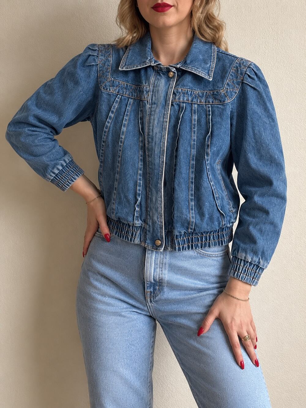 Vintage 1980s Gitano Pleated Denim Bomber Jacket Medium Zip Retro Indie Sleaze
